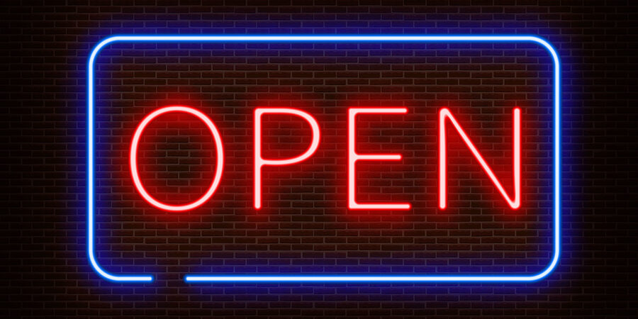 Neon Open Sign Light Vector Isolated On Dark Red Brick Wall. Nig