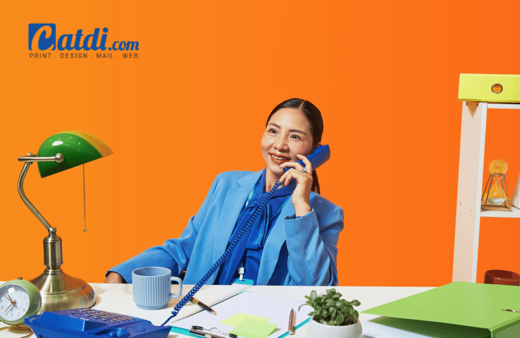 Asian woman answering phone - Catdi Houston printing quotes for business made easy